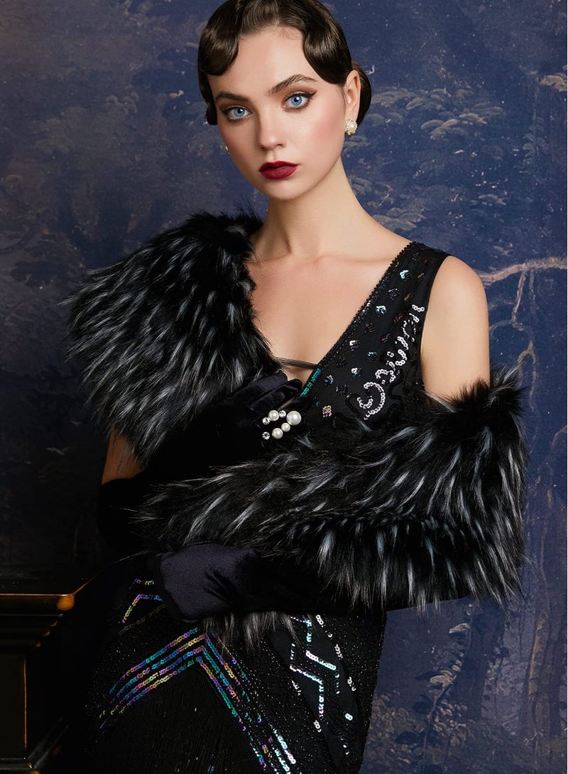 Elegant Women's Faux Fur Shawl for Winter Weddings & Parties - 1920s Inspired Cover-Up in Black & White - Image 2