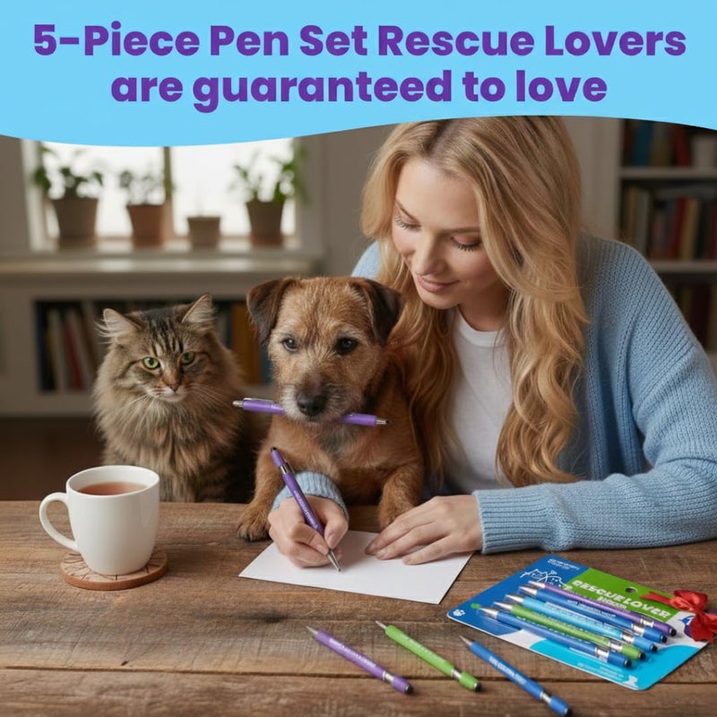 rubyloo Funny Cat & Dog Rescue Lover Gift Pen Set â€“ 5 Black Ink Ballpoint Pens with Stylus Tip & Quality Metal Barrel with Fun Quotes - Gifts for Dog Moms, Cat Lovers, Animal Advocates, Fosters & Volunteers - Image 2