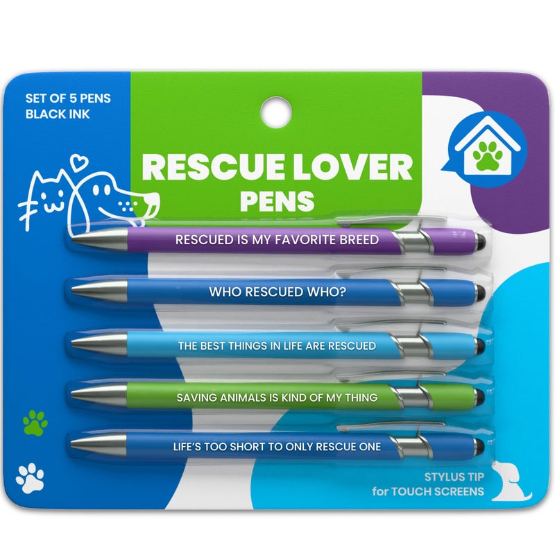 rubyloo Funny Cat & Dog Rescue Lover Gift Pen Set â€“ 5 Black Ink Ballpoint Pens with Stylus Tip & Quality Metal Barrel with Fun Quotes - Gifts for Dog Moms, Cat Lovers, Animal Advocates, Fosters & Volunteers - Image 1