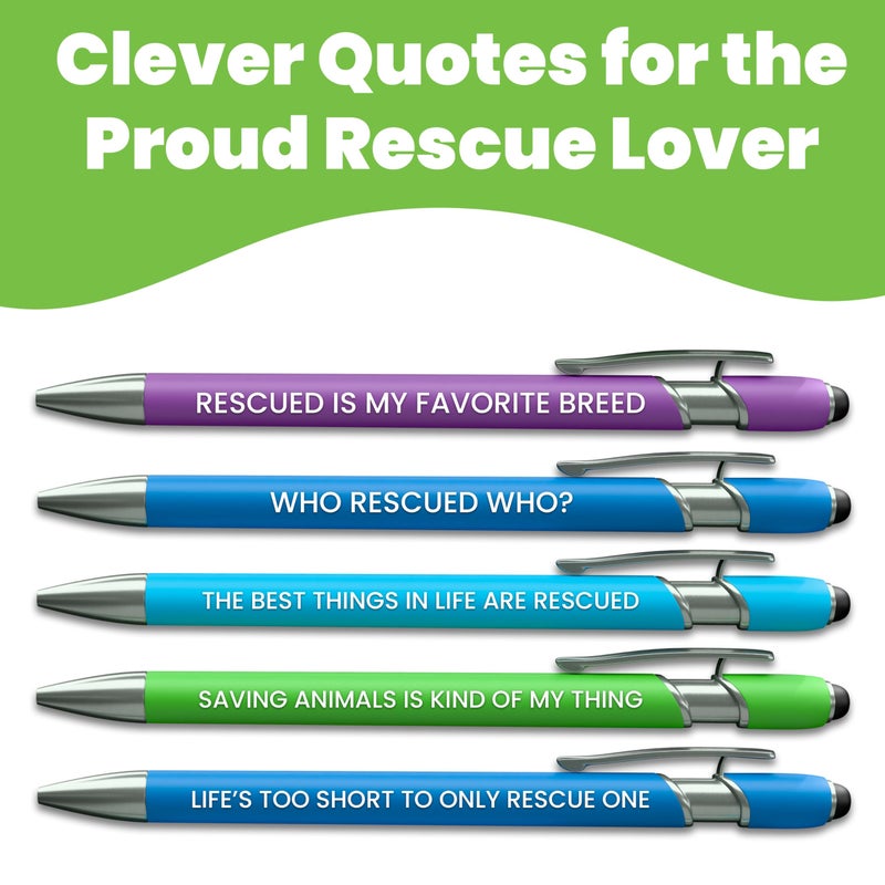 rubyloo Funny Cat & Dog Rescue Lover Gift Pen Set â€“ 5 Black Ink Ballpoint Pens with Stylus Tip & Quality Metal Barrel with Fun Quotes - Gifts for Dog Moms, Cat Lovers, Animal Advocates, Fosters & Volunteers - Image 3