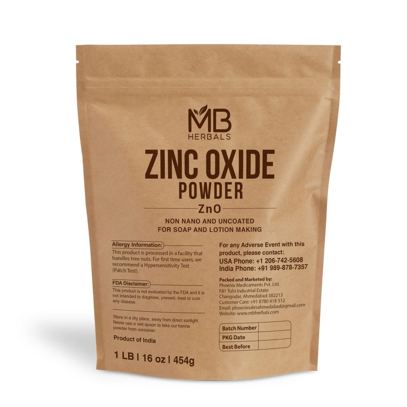 MB Herbals Zinc Oxide Powder 1 lb / 16 oz (454 Gram) | Uncoated & Non-Nano | Pharmaceutical Grade | For DIY Sunscreen Lotion & Diaper Rash Cream