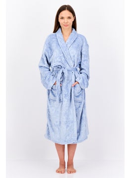 Marilyn Monroe Women Textured Belted Bath Robe, Light Blue  - Image 2