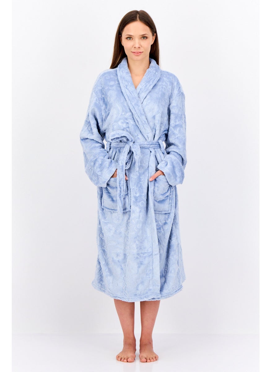 Marilyn Monroe - Women Textured Belted Bath Robe, Light Blue - Image 1