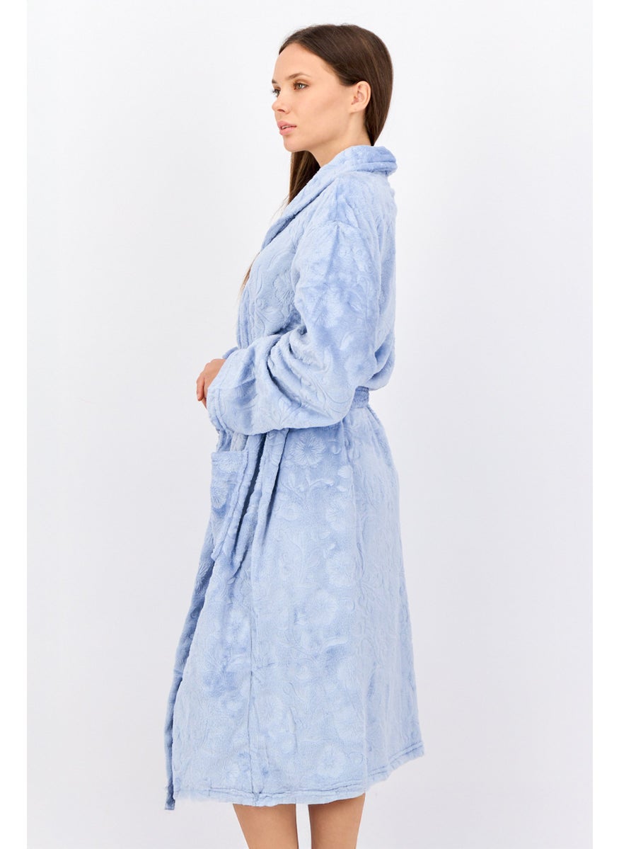 Marilyn Monroe - Women Textured Belted Bath Robe, Light Blue - Image 1