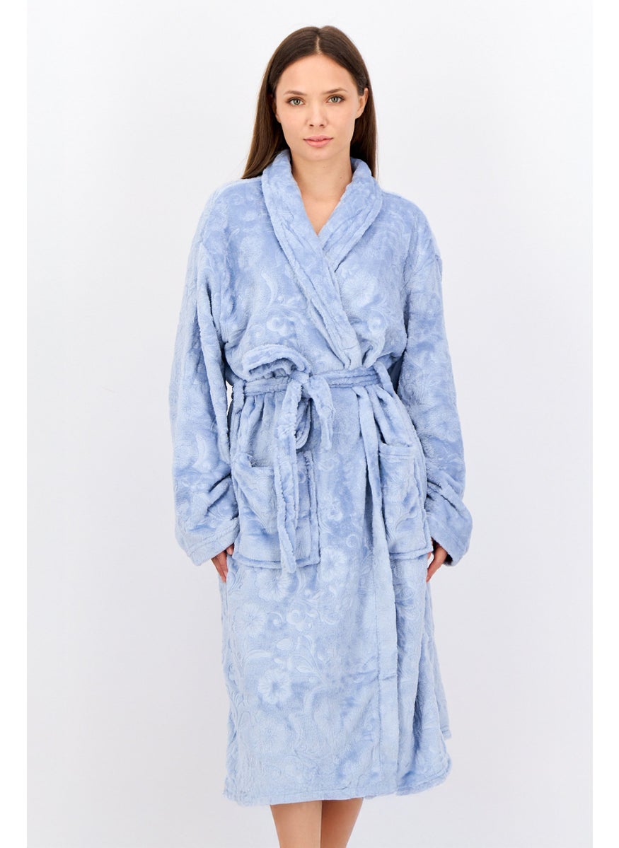 Marilyn Monroe - Women Textured Belted Bath Robe, Light Blue - Image 1