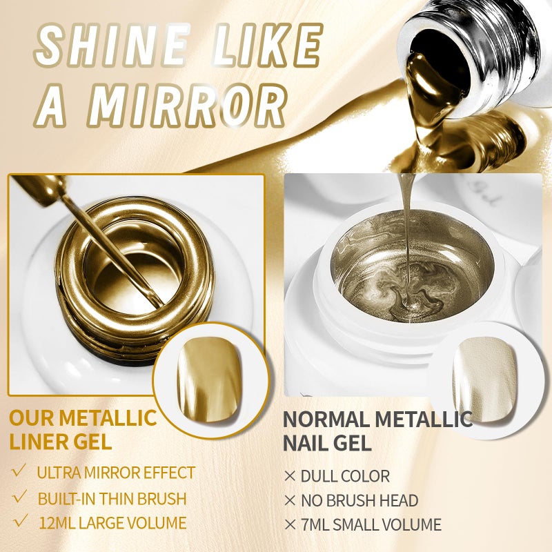 U-Shinein 12ml Metallic Painting Gel Liner Nail Art 3D Mirror Chrome Effect Nail Polish Metal Painted Drawing Build in Thin Brush Soak Off UV/LED Gold Striper Gel for Salon Home DIY Manicure - Image 5
