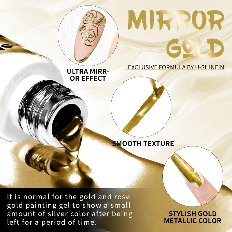 U-Shinein 12ml Metallic Painting Gel Liner Nail Art 3D Mirror Chrome Effect Nail Polish Metal Painted Drawing Build in Thin Brush Soak Off UV/LED Gold Striper Gel for Salon Home DIY Manicure - Image 3