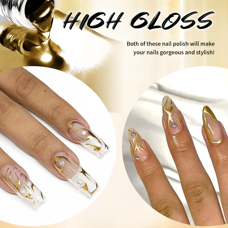 U-Shinein 12ml Metallic Painting Gel Liner Nail Art 3D Mirror Chrome Effect Nail Polish Metal Painted Drawing Build in Thin Brush Soak Off UV/LED Gold Striper Gel for Salon Home DIY Manicure - Image 2
