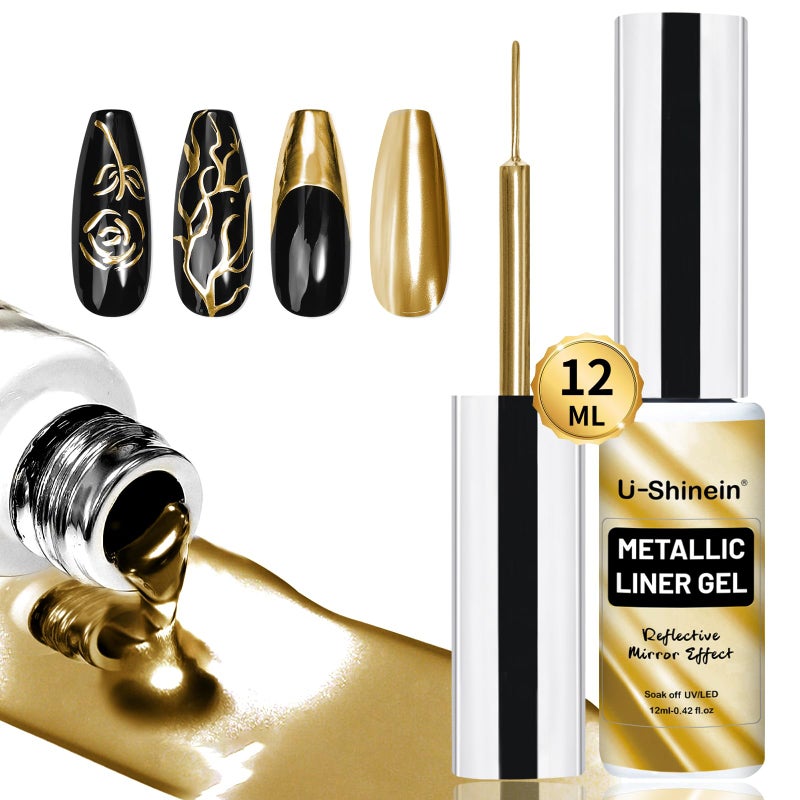 U-Shinein 12ml Metallic Painting Gel Liner Nail Art 3D Mirror Chrome Effect Nail Polish Metal Painted Drawing Build in Thin Brush Soak Off UV/LED Gold Striper Gel for Salon Home DIY Manicure - Image 1