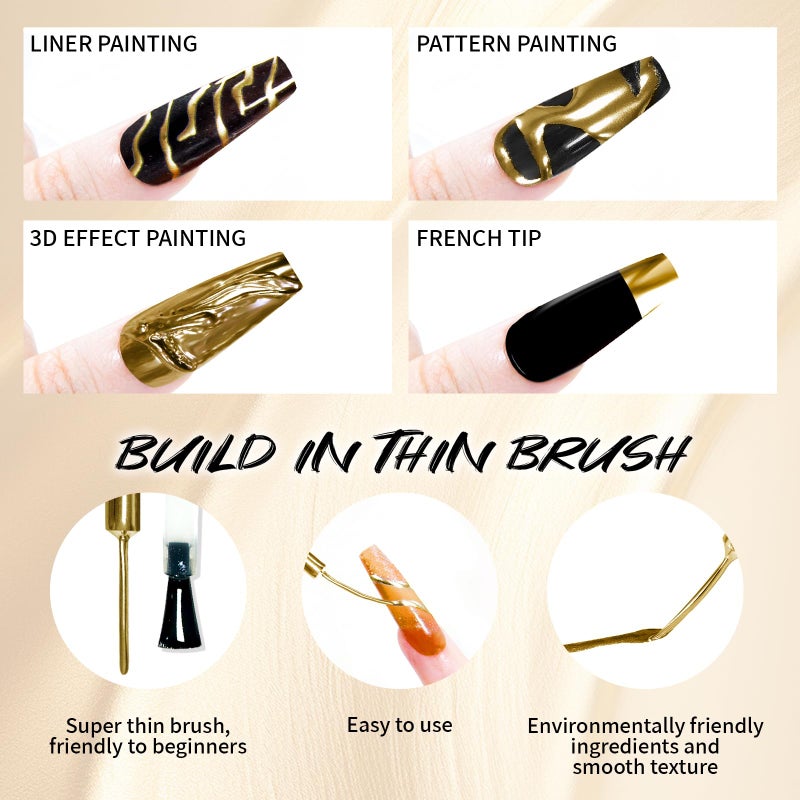 U-Shinein 12ml Metallic Painting Gel Liner Nail Art 3D Mirror Chrome Effect Nail Polish Metal Painted Drawing Build in Thin Brush Soak Off UV/LED Gold Striper Gel for Salon Home DIY Manicure - Image 4