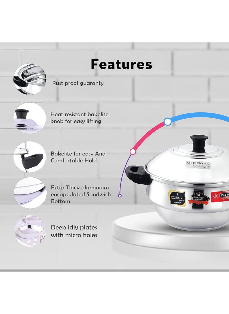 EUROstyle KITCHENWARE COOK WITH COMFORT Eurostyle Compact 12 Stainless Steel Idly Maker With Encapsulated Sandwich Bottom 3 Idly Plates 2 Steamer Plates For Momos 1 Mini Idly Plate For Idly Dhokla Compact 12 Ultra  - Image 5