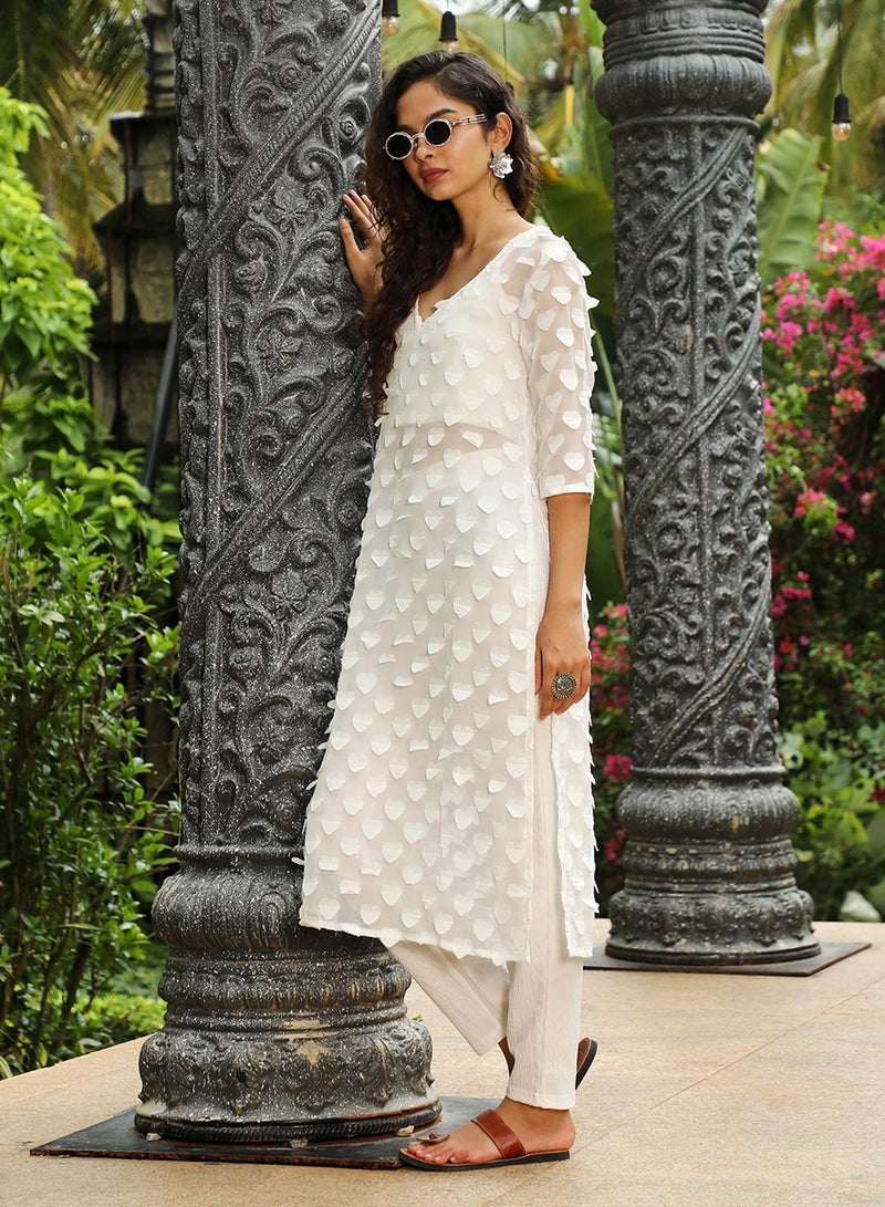 QISSA Women's Daisy White Applique Hearts Kurta With Crop And Trousers  - Image 3