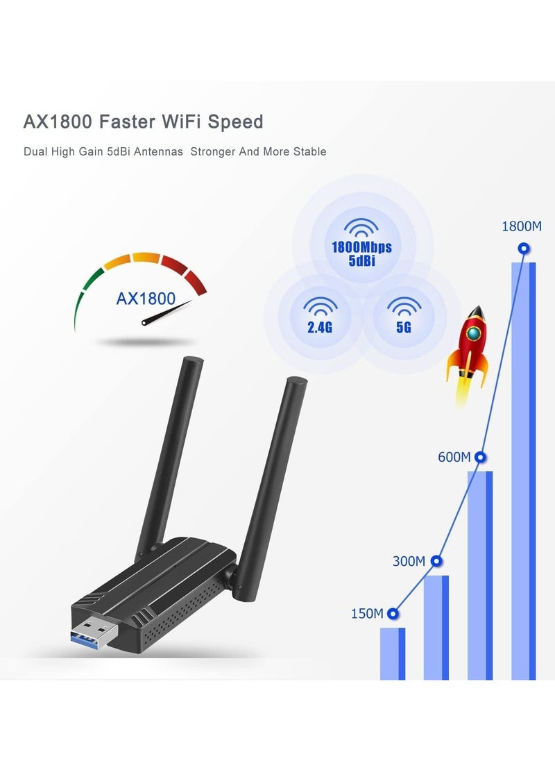 فلوينغ - محول USB لاسلكي WiFi 6 للكمبيوتر الشخصي - محول USB AX1800 محول WiFi للكمبيوتر الشخصي المكتبي والكمبيوتر المحمول محول لاسلكي ثنائي النطاق دونجل WiFi لنظام التشغيل Windows 7/10/11 محول شبكة لاسلكية للكمبيوتر الشخصي - Image 1