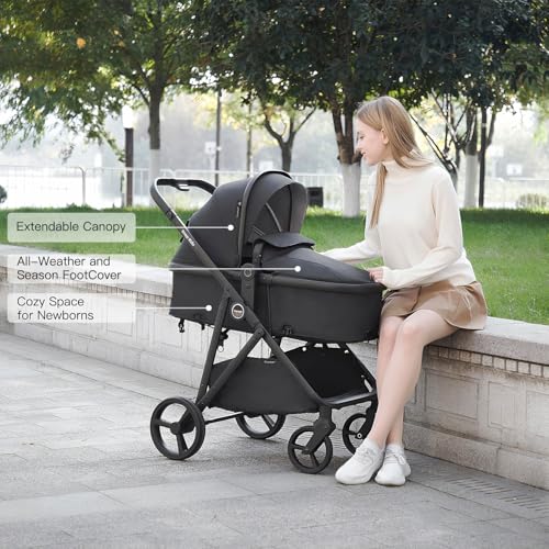 Gromast 3-in-1 Baby Stroller, Convertible Stroller for Newborn Infant Toddler with Reversible Seat, UPF 50+ Canopy & Cup Holder - Black - Image 2