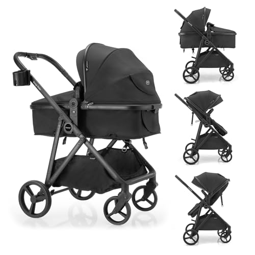 Gromast 3-in-1 Baby Stroller, Convertible Stroller for Newborn Infant Toddler with Reversible Seat, UPF 50+ Canopy & Cup Holder - Black - Image 1