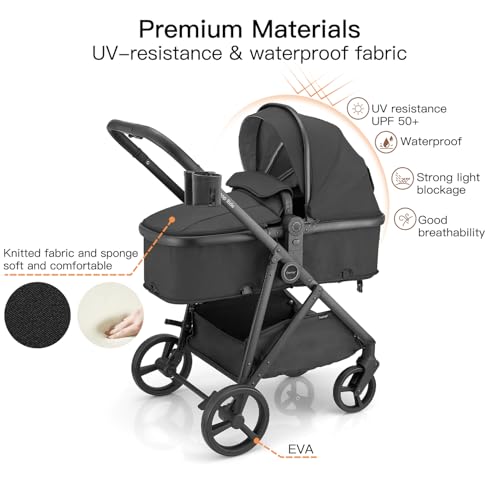 Gromast 3-in-1 Baby Stroller, Convertible Stroller for Newborn Infant Toddler with Reversible Seat, UPF 50+ Canopy & Cup Holder - Black - Image 5
