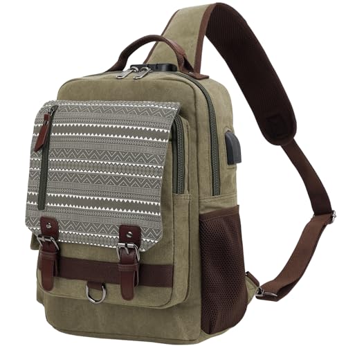 Leaper Retro Crossbody Bag Sling Bag Canvas Messenger Bag for Men Women Shoulder Bag Crossbody Handbags Satchel Geometric Army Green XL - Image 1