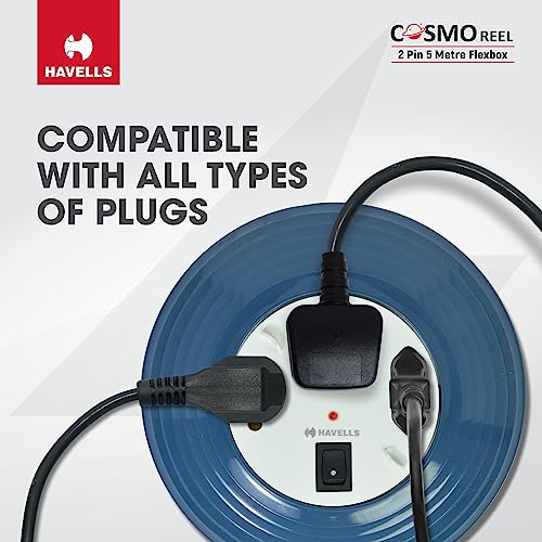 Havells Cosmo Reel| Extension Board - 5 Mtr ISI Marked Cable|3 Pin & 2x2 Pins Universal Sockets with Master Switch| LED Indicator| 6A,1440 Watts, 240 Volts| Ultra-Smooth Rotation, Blue - Image 5