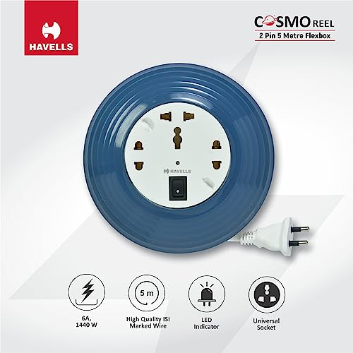 Havells Cosmo Reel| Extension Board - 5 Mtr ISI Marked Cable|3 Pin & 2x2 Pins Universal Sockets with Master Switch| LED Indicator| 6A,1440 Watts, 240 Volts| Ultra-Smooth Rotation, Blue - Image 3
