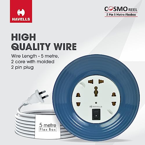Havells Cosmo Reel| Extension Board - 5 Mtr ISI Marked Cable|3 Pin & 2x2 Pins Universal Sockets with Master Switch| LED Indicator| 6A,1440 Watts, 240 Volts| Ultra-Smooth Rotation, Blue - Image 4