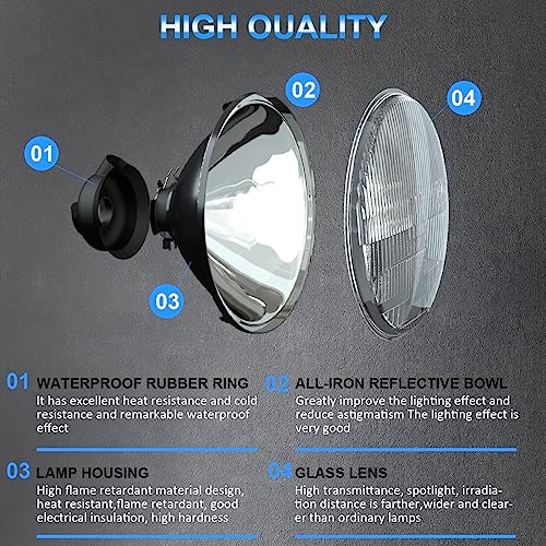 NSDXCT 7 Inch led Glass Headlight Round Lens Housing+H4/9003 Headlight Bulbs, Clear Lens 7 Inch H6024 Round Headlight Sealed High Low Beam Glass Housing, 4PCS - Image 2