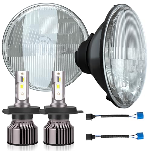 NSDXCT 7 Inch led Glass Headlight Round Lens Housing+H4/9003 Headlight Bulbs, Clear Lens 7 Inch H6024 Round Headlight Sealed High Low Beam Glass Housing, 4PCS - Image 1