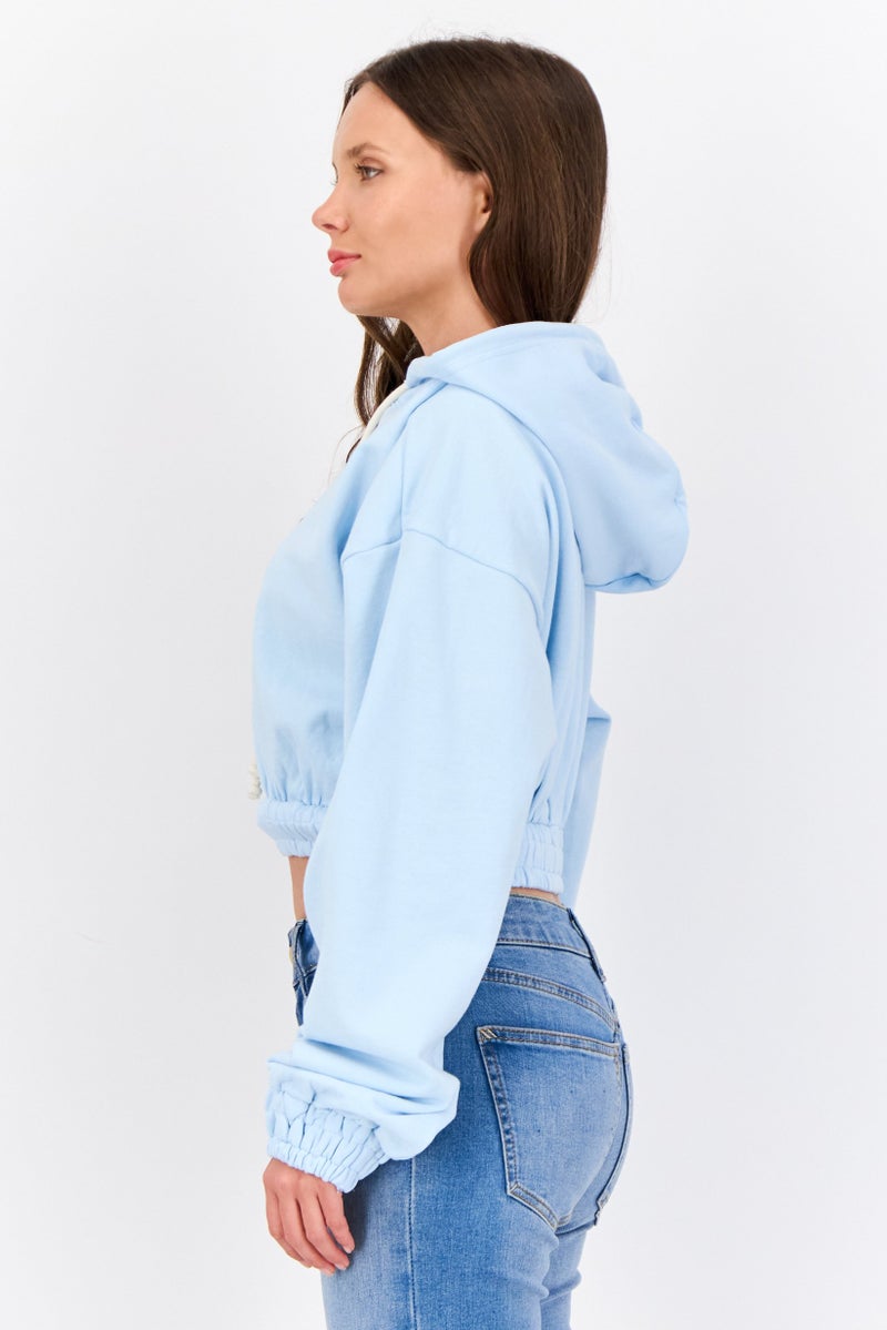 NIA Women Plain Hooded Cropped Sweatshirt, Light Blue - Image 3