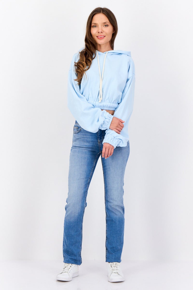 NIA Women Plain Hooded Cropped Sweatshirt, Light Blue - Image 2