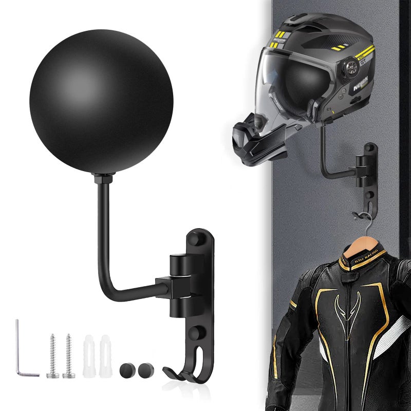 Kikerike Motorcycle Helmet Rack Wall Mount 180 Degree Rotation Metal Bike Helmet Holder Mount Bicycle Helmet Display Hanger Stand with 2 Hooks for Motorcycle Bike Baseball Rugby Helmet Black 1 Pcs