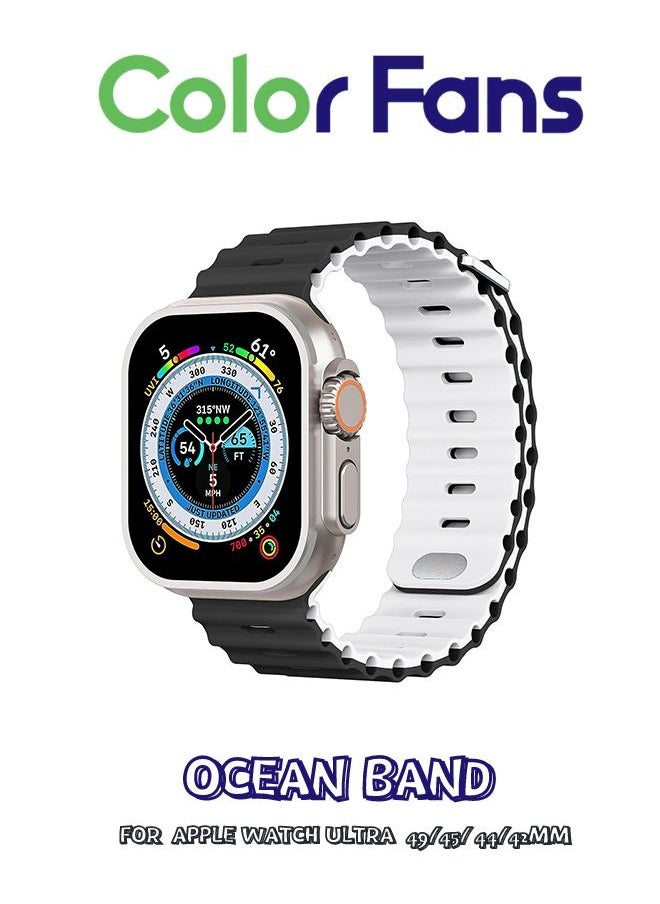 Color Fans - Soft Silicone Ocean Sports Strap Compatible Apple Watch Ultra 49mm 45mm 44mm 42mm for Men Women, Adjustible Watch Band for Apple Watch Ultra/SE/Series 9/8/7/6/5/4/3/2/1 - Black/White - Image 1