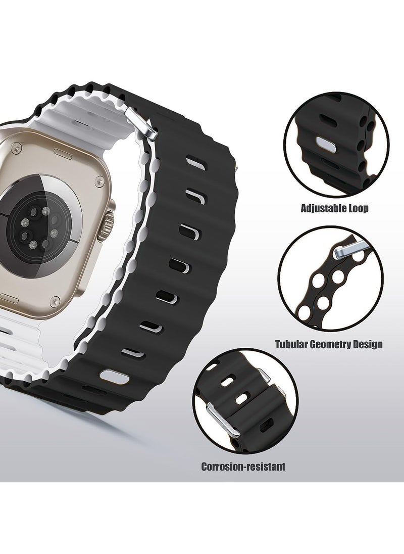 Color Fans - Soft Silicone Ocean Sports Strap Compatible Apple Watch Ultra 49mm 45mm 44mm 42mm for Men Women, Adjustible Watch Band for Apple Watch Ultra/SE/Series 9/8/7/6/5/4/3/2/1 - Black/White - Image 1
