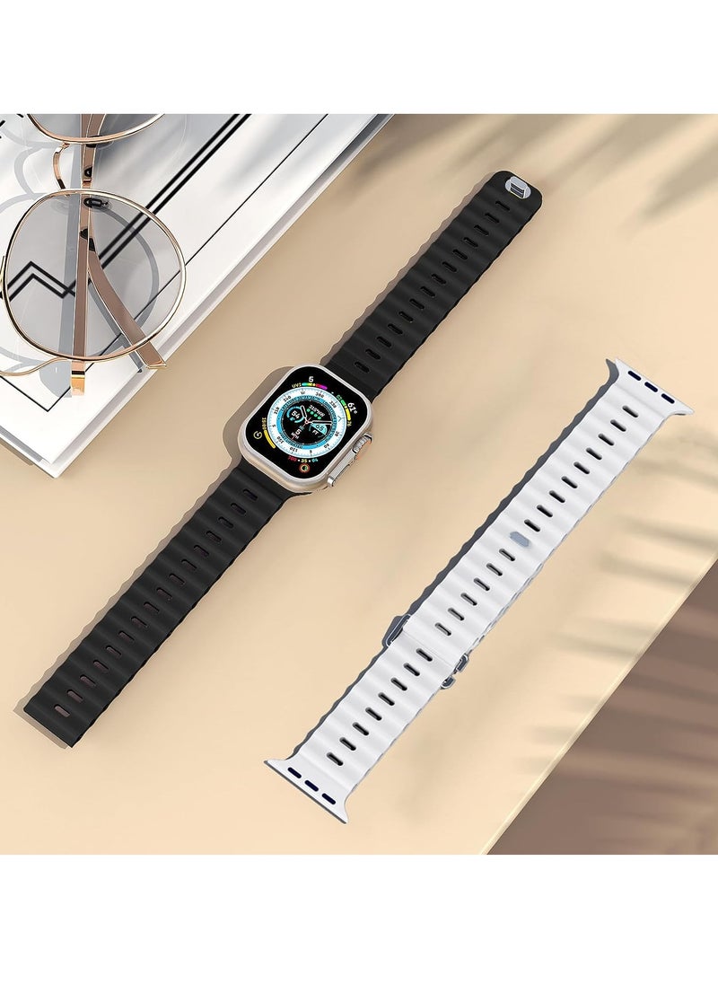 Color Fans - Soft Silicone Ocean Sports Strap Compatible Apple Watch Ultra 49mm 45mm 44mm 42mm for Men Women, Adjustible Watch Band for Apple Watch Ultra/SE/Series 9/8/7/6/5/4/3/2/1 - Black/White - Image 1