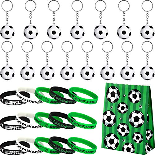JOVITEC 46 Pieces Soccer Party Favors Set Include 15 Pcs Soccer Keychains Bulk 16 Pcs Motivational Silicone Wristband 15 Pieces Sports Goodie Bags for Fan Appreciation Sports Party Gifts - Image 1