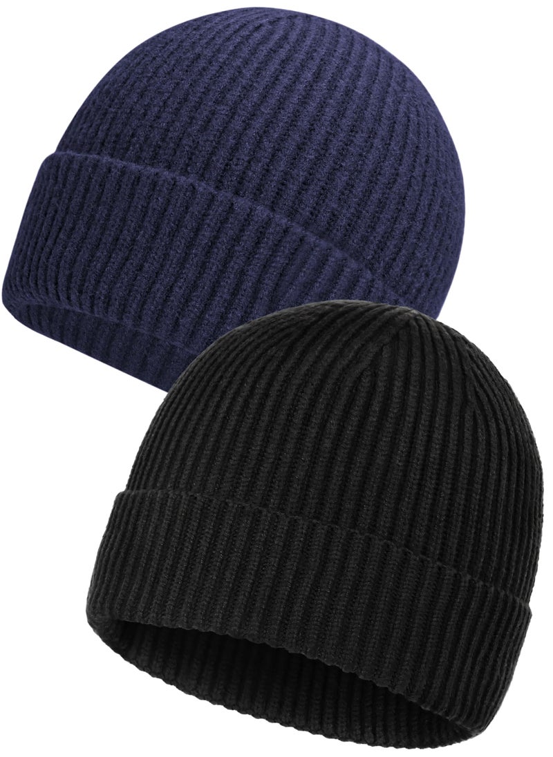 Generic 2-Pack Beanie for Men & Women - Cuffed Knit Winter Hats, Warm Slouchy Skull Cap Beanies, Black and Navy Blue  - Image 1
