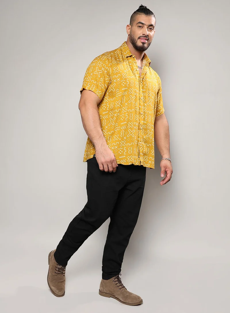 Instafab Plus Instafab Plus Men's Mustard Yellow Minimal Aztec Shirt For Casual Wear | Spread Collar | Short Sleeve | Button Closure | Heavy Rayon Shirt Crafted With Comfort Fit For Everyday Wear