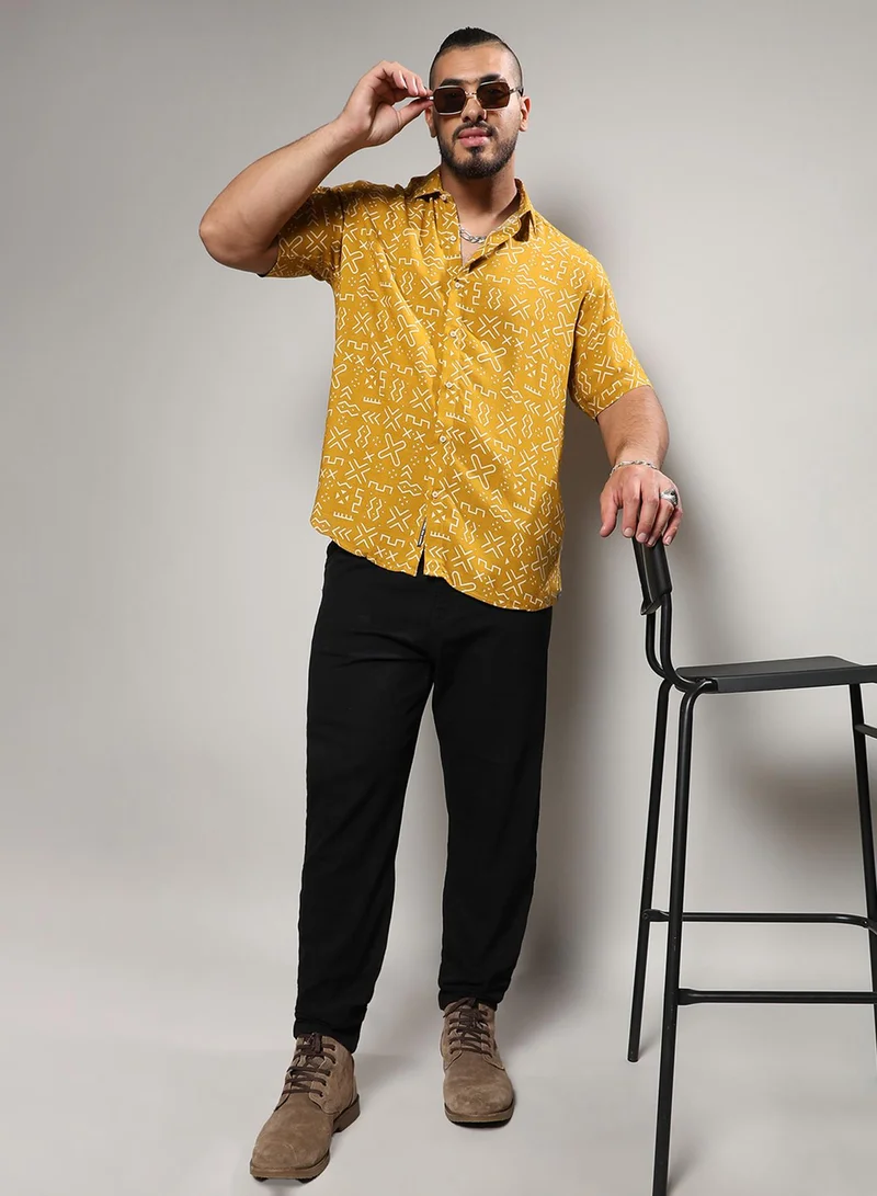 Instafab Plus Instafab Plus Men's Mustard Yellow Minimal Aztec Shirt For Casual Wear | Spread Collar | Short Sleeve | Button Closure | Heavy Rayon Shirt Crafted With Comfort Fit For Everyday Wear