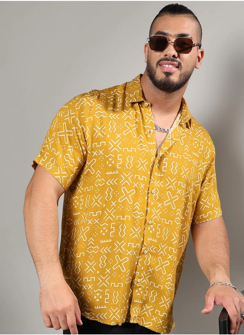 Instafab Plus Instafab Plus Men's Mustard Yellow Minimal Aztec Shirt For Casual Wear | Spread Collar | Short Sleeve | Button Closure | Heavy Rayon Shirt Crafted With Comfort Fit For Everyday Wear
