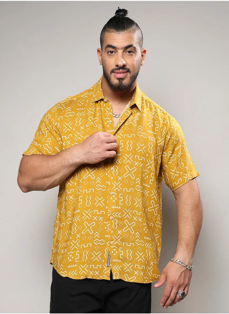Instafab Plus Instafab Plus Men's Mustard Yellow Minimal Aztec Shirt For Casual Wear | Spread Collar | Short Sleeve | Button Closure | Heavy Rayon Shirt Crafted With Comfort Fit For Everyday Wear