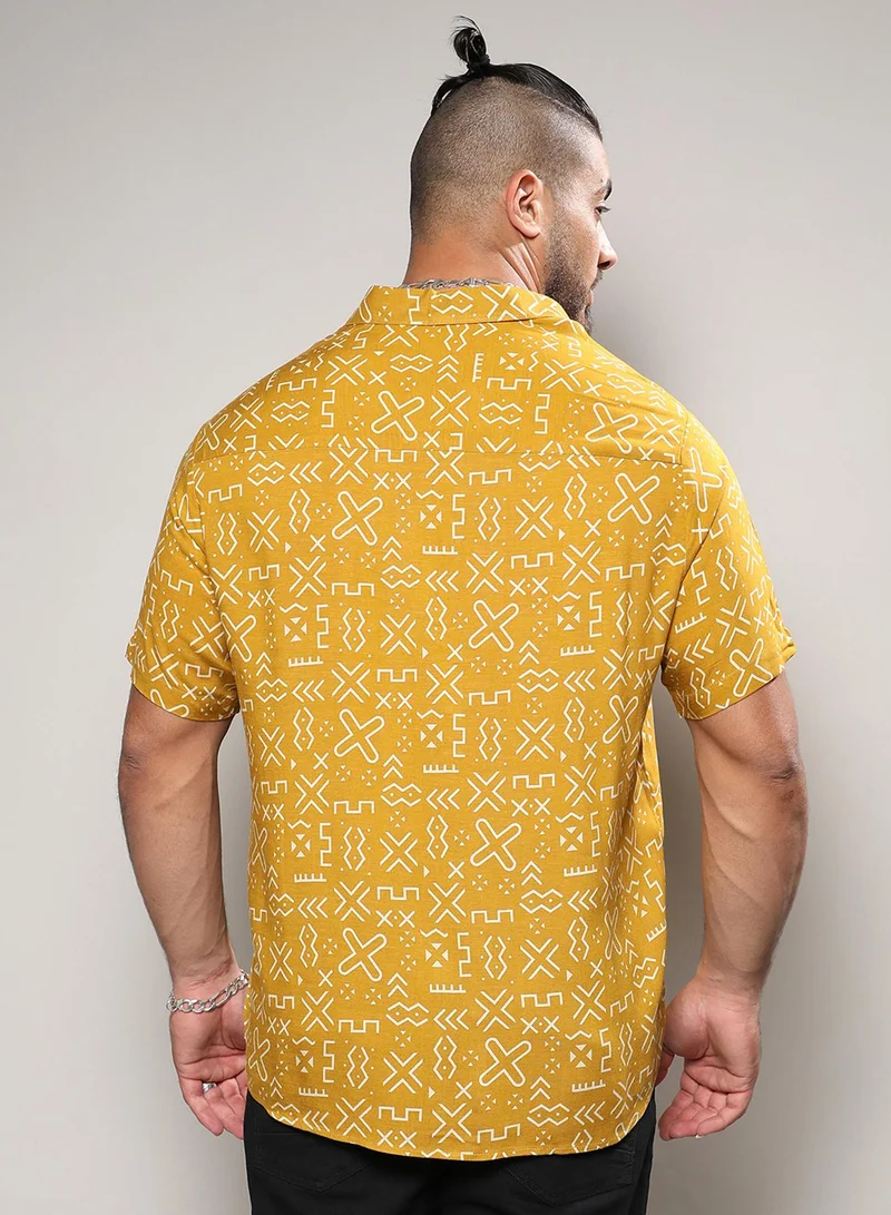 Instafab Plus Instafab Plus Men's Mustard Yellow Minimal Aztec Shirt For Casual Wear | Spread Collar | Short Sleeve | Button Closure | Heavy Rayon Shirt Crafted With Comfort Fit For Everyday Wear