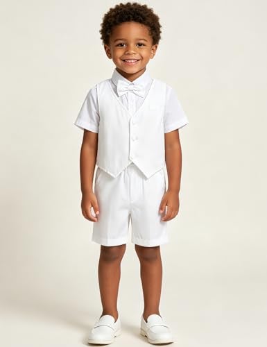 A&J DESIGN Toddler Dedication Outfit White Tuxedo Boys Baptism Christening Suit Vest Set 3-4T - Image 3