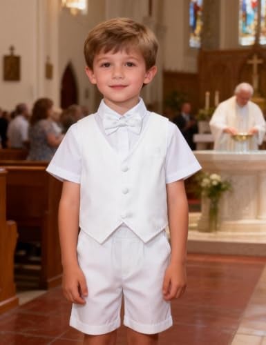 A&J DESIGN Toddler Dedication Outfit White Tuxedo Boys Baptism Christening Suit Vest Set 3-4T - Image 4