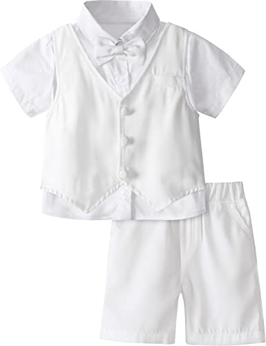 A&J DESIGN Toddler Dedication Outfit White Tuxedo Boys Baptism Christening Suit Vest Set 3-4T - Image 1