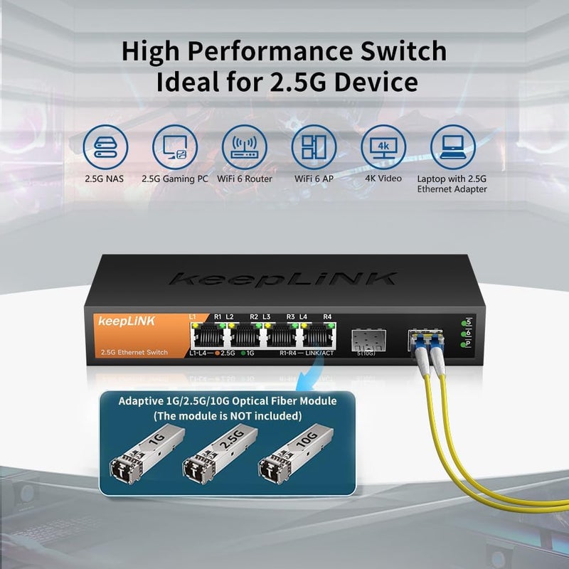 keepLiNK مبدل 2.5G غير مُدار بـ 6 منافذ، 4 منافذ 2.5GBASE-T ومنفذين SFP 10GBASE-T، سعة تبديل 60 جيجابت في الثانية، توصيل وتشغيل / قابل للتثبيت على الحائط / معدني بدون مروحة، متوافق مع أجهزة 1000 ميجابت في الثانية - Image 3