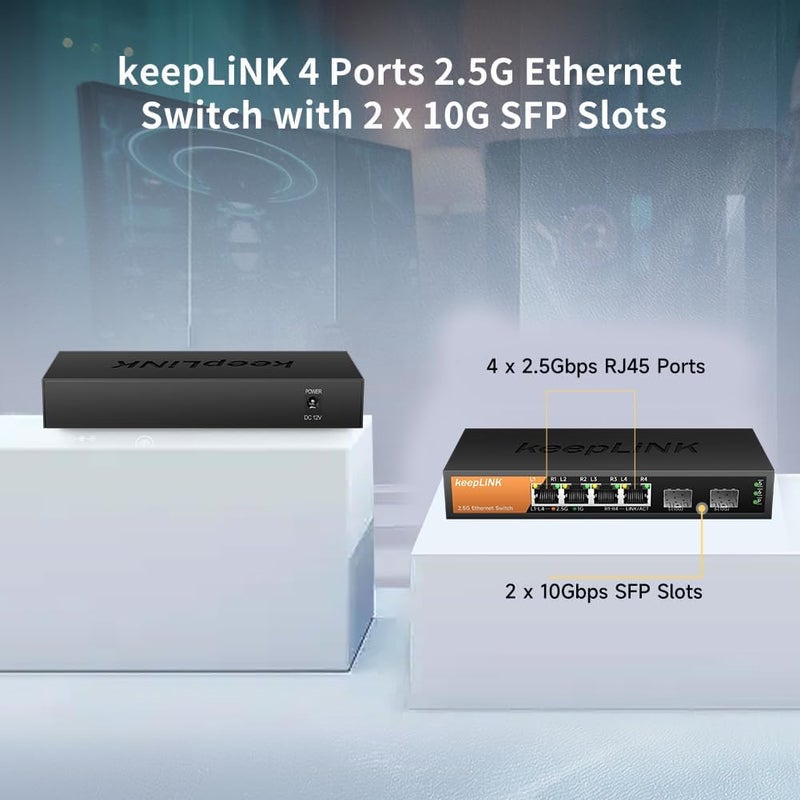 keepLiNK مبدل 2.5G غير مُدار بـ 6 منافذ، 4 منافذ 2.5GBASE-T ومنفذين SFP 10GBASE-T، سعة تبديل 60 جيجابت في الثانية، توصيل وتشغيل / قابل للتثبيت على الحائط / معدني بدون مروحة، متوافق مع أجهزة 1000 ميجابت في الثانية - Image 5