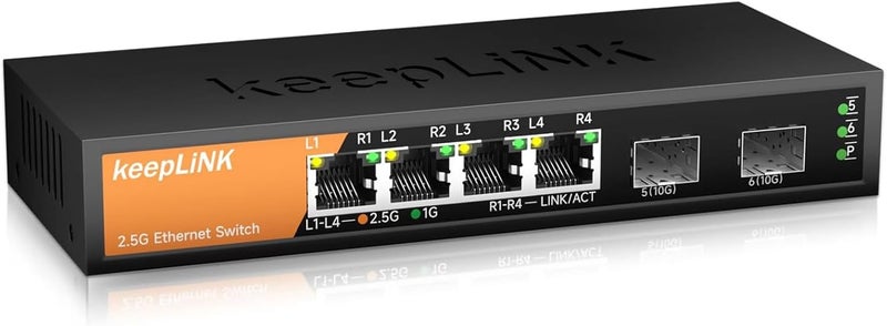 keepLiNK مبدل 2.5G غير مُدار بـ 6 منافذ، 4 منافذ 2.5GBASE-T ومنفذين SFP 10GBASE-T، سعة تبديل 60 جيجابت في الثانية، توصيل وتشغيل / قابل للتثبيت على الحائط / معدني بدون مروحة، متوافق مع أجهزة 1000 ميجابت في الثانية - Image 1