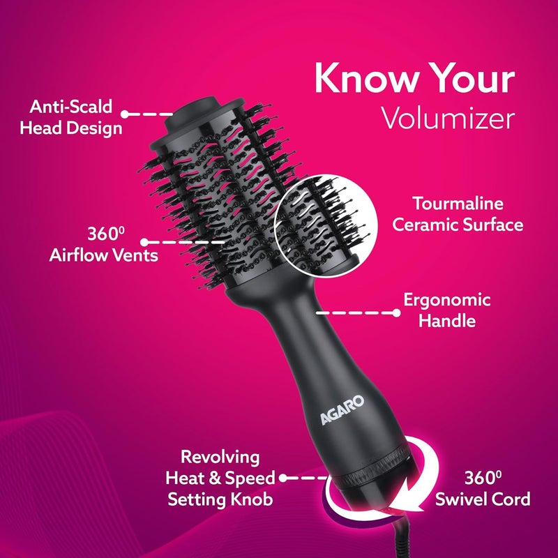 AGARO HV2179 Hot Air Brush for Hair, Blow Dryer Brush, Volumizer & Styler, 360° Airflow Vent, Oval Barrel for Hair Volume, Charcoal Bristles, Ceramic Tourmaline Coating Brushing Head, 1200W, Black - Image 4