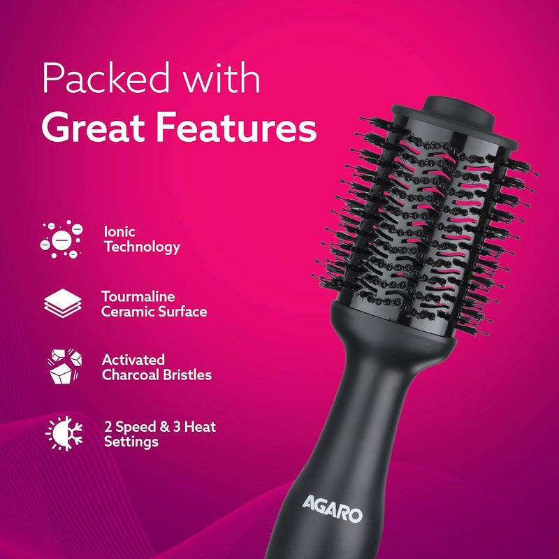 AGARO HV2179 Hot Air Brush for Hair, Blow Dryer Brush, Volumizer & Styler, 360° Airflow Vent, Oval Barrel for Hair Volume, Charcoal Bristles, Ceramic Tourmaline Coating Brushing Head, 1200W, Black - Image 2