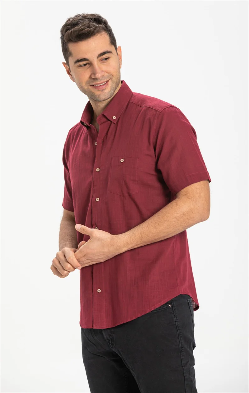 اليش شيل بيزي Short Sleeve Slim Fit Şile Cloth Single Pocket Men's Shirt Dark Claret Red 3068