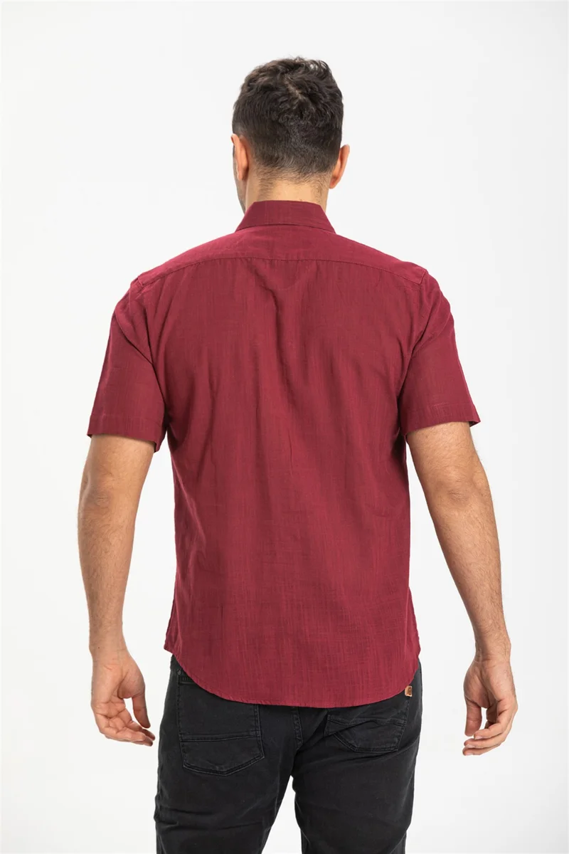 اليش شيل بيزي Short Sleeve Slim Fit Şile Cloth Single Pocket Men's Shirt Dark Claret Red 3068