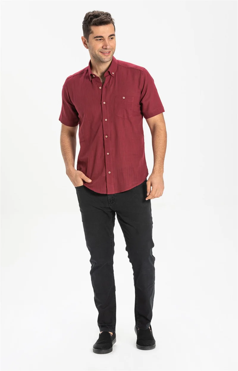 اليش شيل بيزي Short Sleeve Slim Fit Şile Cloth Single Pocket Men's Shirt Dark Claret Red 3068